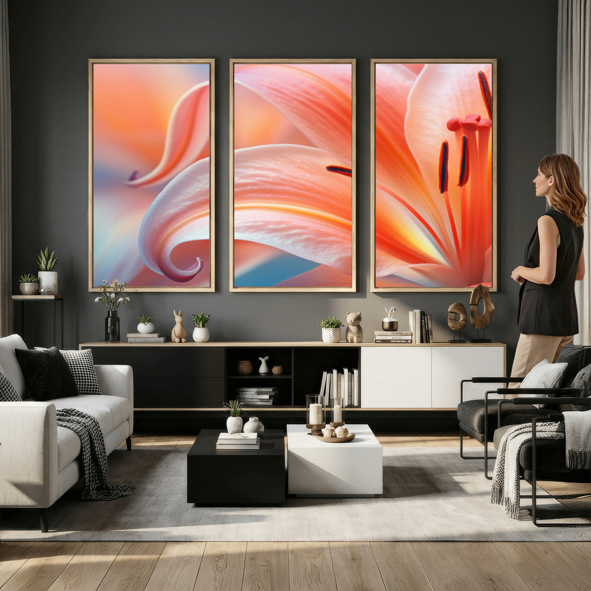 Peach Lily Canvas Wall Art, Coral Pink Flower Macro Photo Print, Botanical Bedroom Decor, Soft Floral Photography, Living Room Wall Art