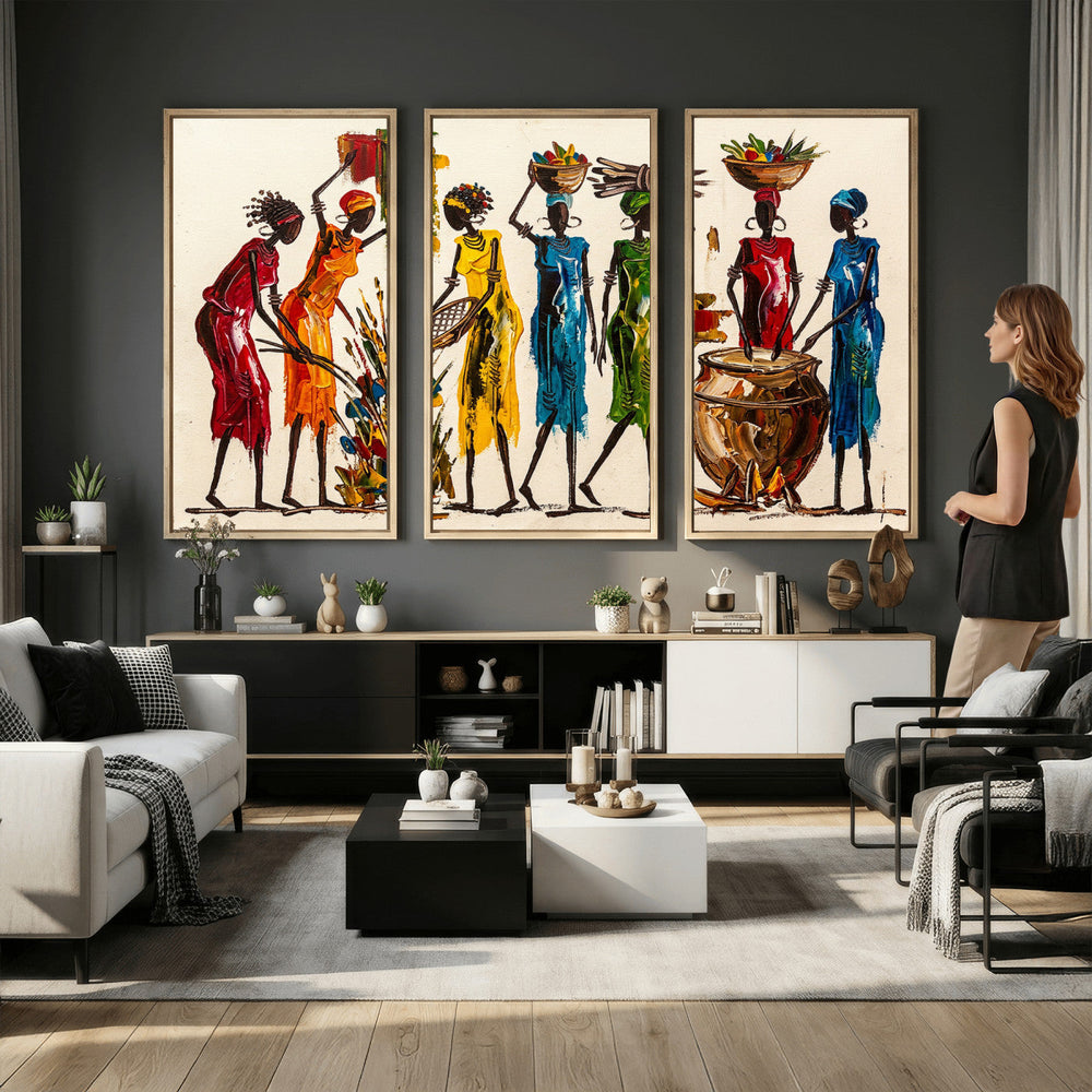 African Folk Art Canvas Wall Art, Colorful African Women Village Painting Print, Tribal Ethnic Home Decor, Vibrant African Art, Living Room