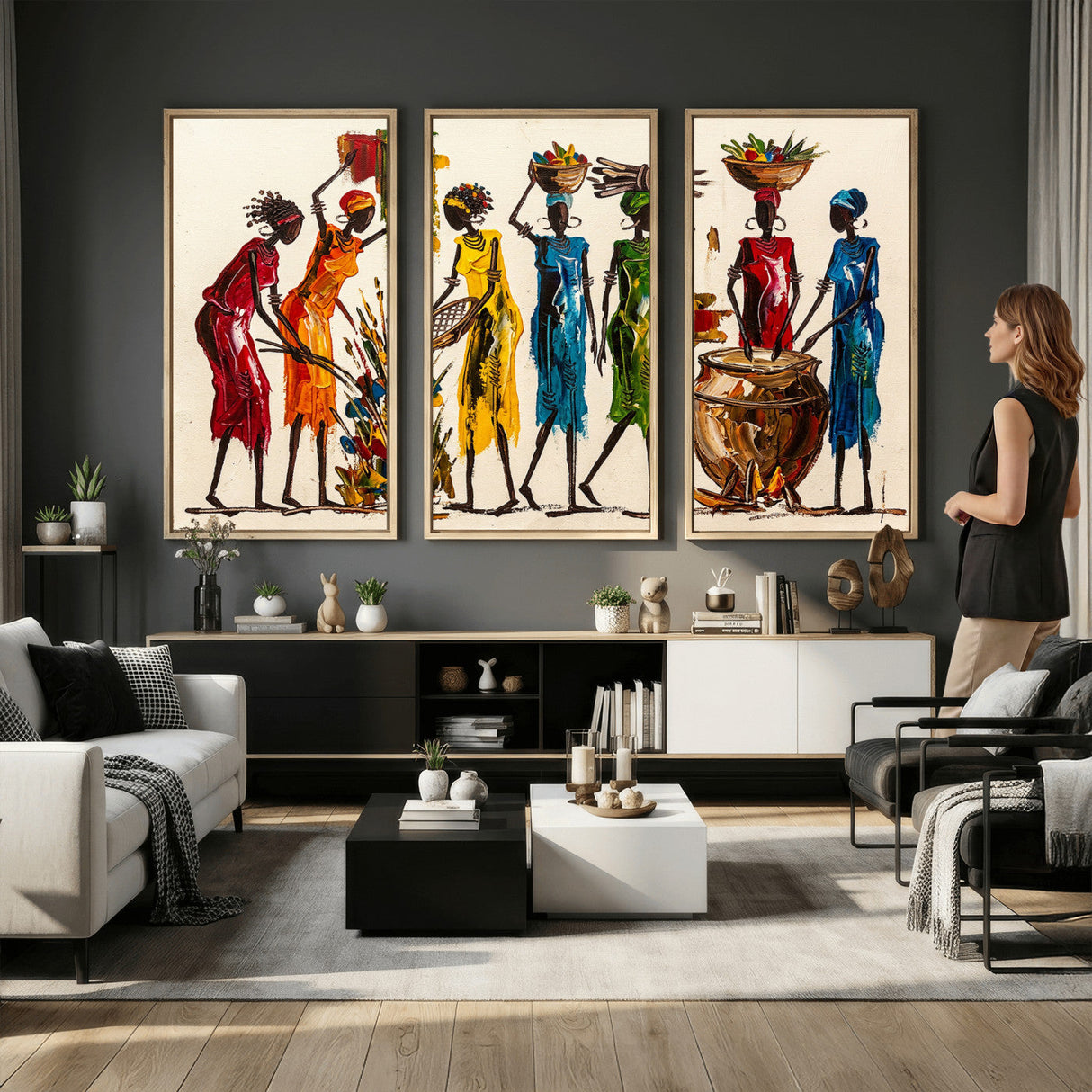 African Folk Art Canvas Wall Art, Colorful African Women Village Painting Print, Tribal Ethnic Home Decor, Vibrant African Art, Living Room