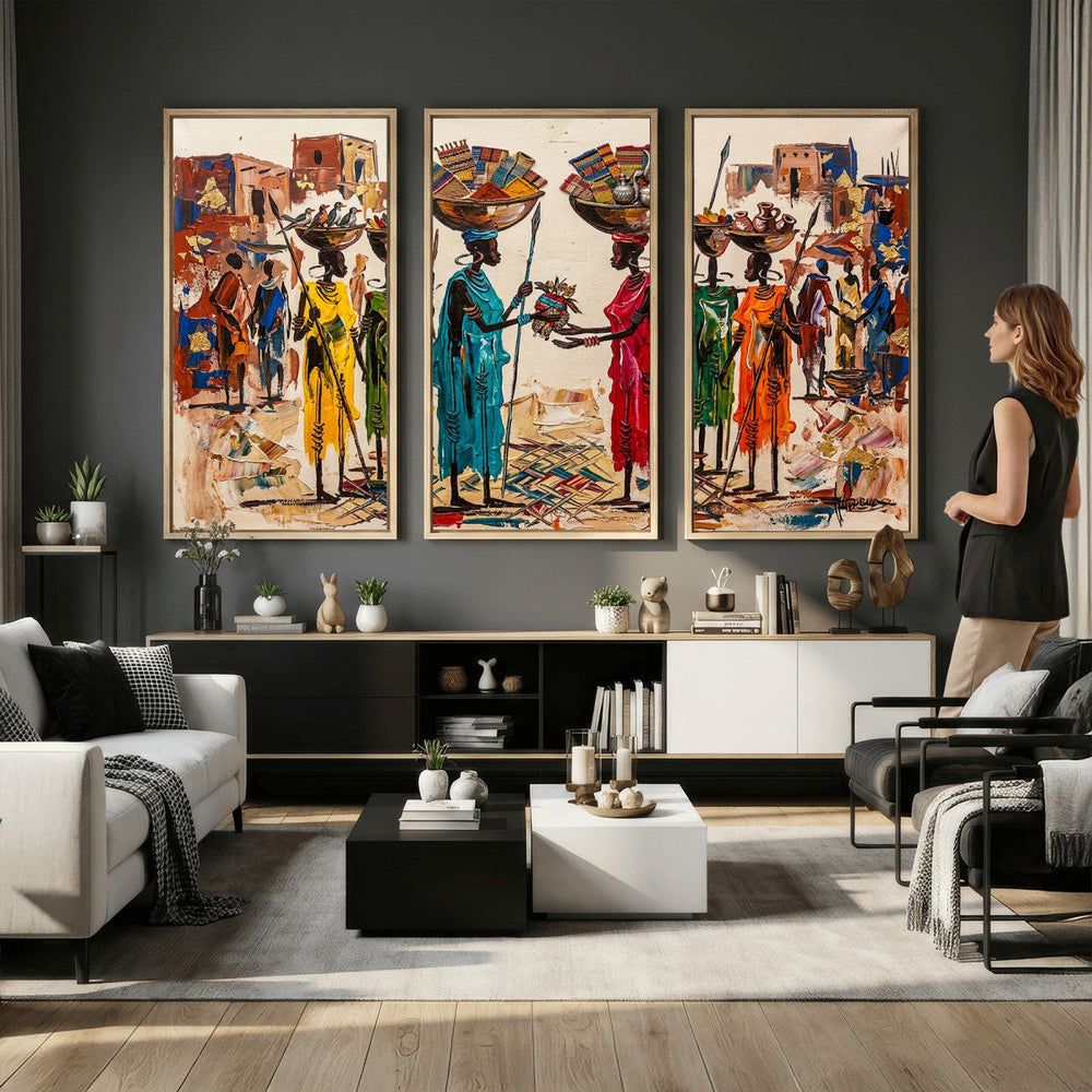African Folk Art Canvas Wall Art, Colorful African Women Village Painting Print, Tribal Ethnic Home Decor, Vibrant African Art, Living Room
