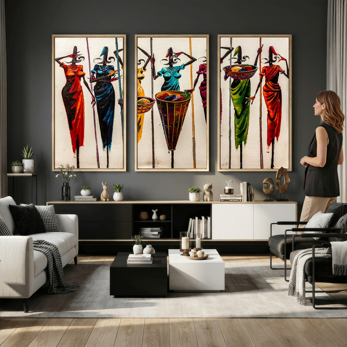 African Folk Art Canvas Wall Art, Colorful African Women Village Painting Print, Tribal Ethnic Home Decor, Vibrant African Art, Living Room