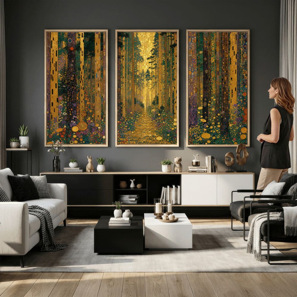 Gustav Klimt Style Forest Canvas Wall Art, Golden Forest Path Floral Art Nouveau Print, Enchanted Woodland Decor