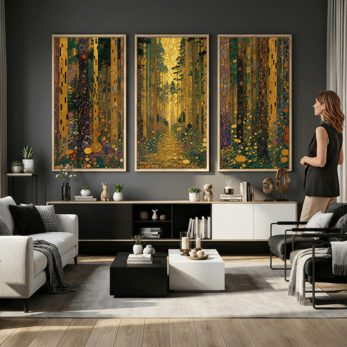 Gustav Klimt Style Forest Canvas Wall Art, Golden Forest Path Floral Art Nouveau Print, Enchanted Woodland Decor