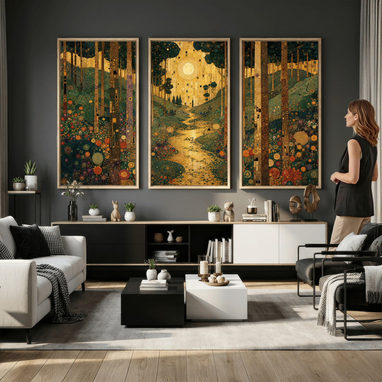 Gustav Klimt Style Forest Canvas Wall Art, Golden Forest Path Floral Art Nouveau Print, Enchanted Woodland Decor