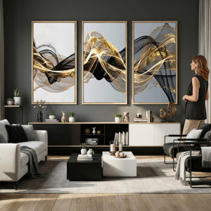 Black and Gold Abstract Wall Art, Modern Wave Canvas Print, Elegant Flowing Smoke Art, Luxury Living Room Decor
