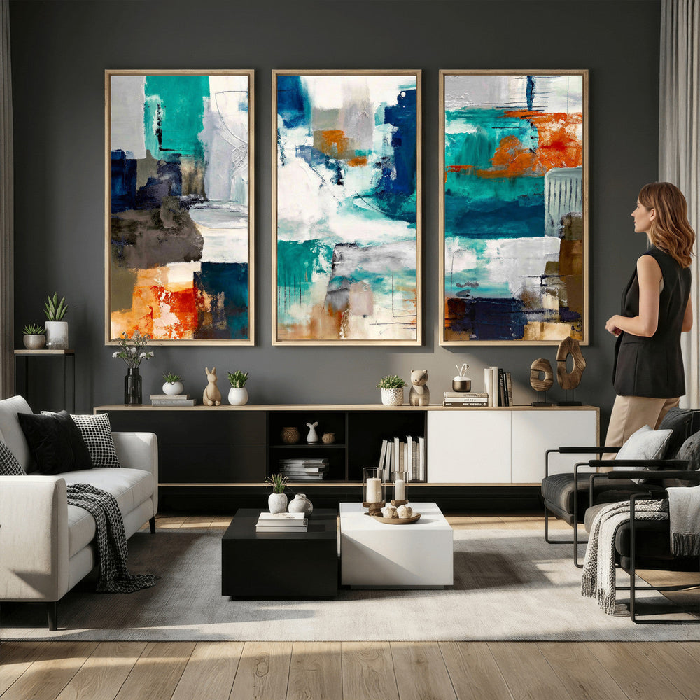 Blue Teal Abstract Canvas Wall Art, Modern Textured Painting Print, Navy Orange White Contemporary Art, Neutral Living Room Decor, Office Art