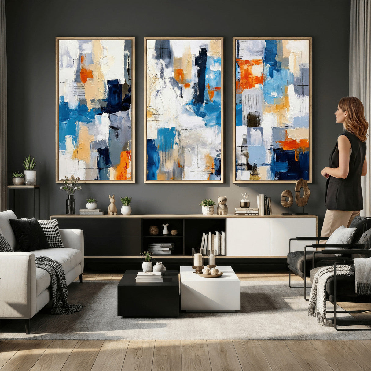Blue Teal Abstract Canvas Wall Art, Modern Textured Painting Print, Navy Orange White Contemporary Art, Neutral Living Room Decor, Office Art