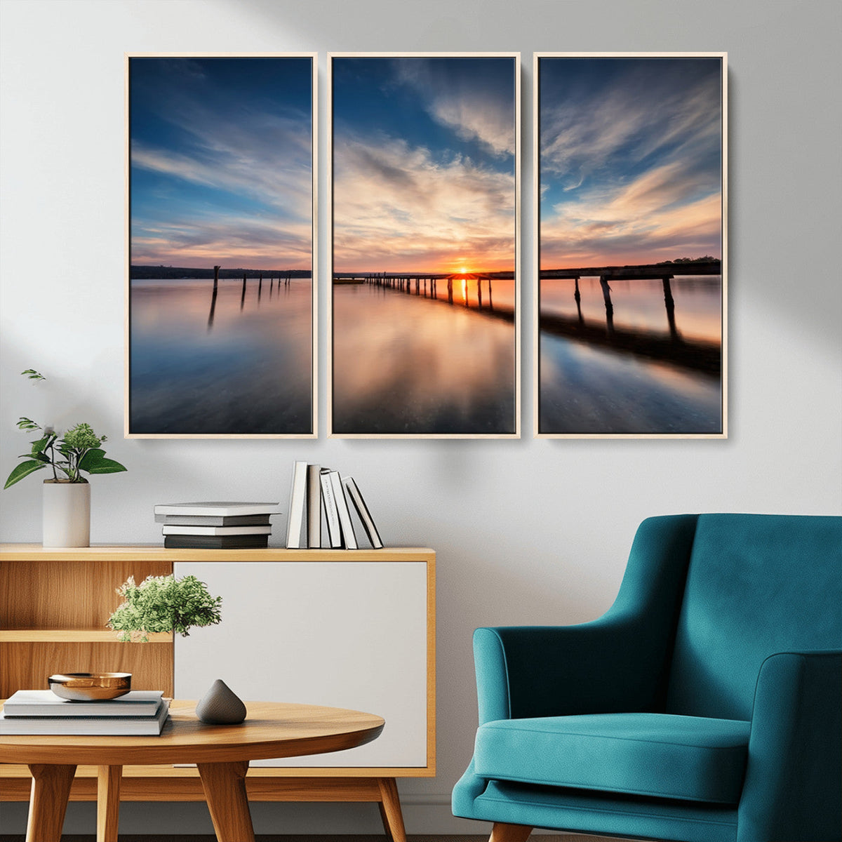 Wooden Pier on Seascape and Sunset Wall Art Canvas Print