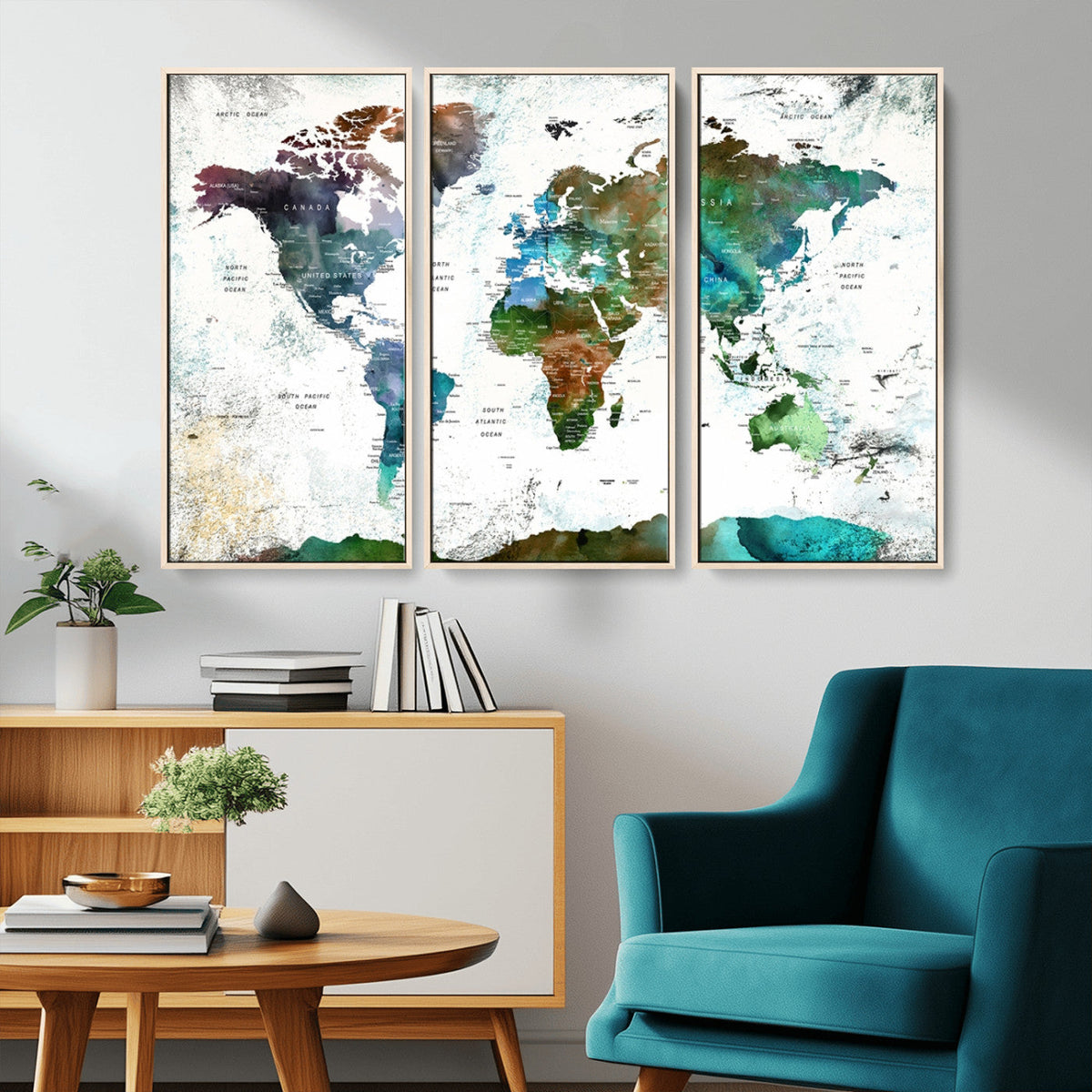Modern Watercolor World Map Canvas Wall Art – Framed