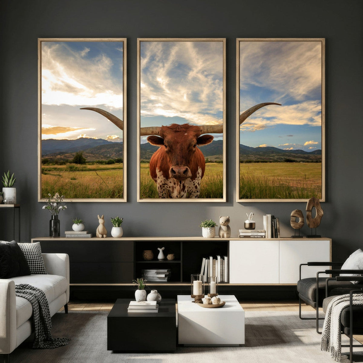 Texas Longhorn Canvas Wall Art – Majestic Triptych Animal