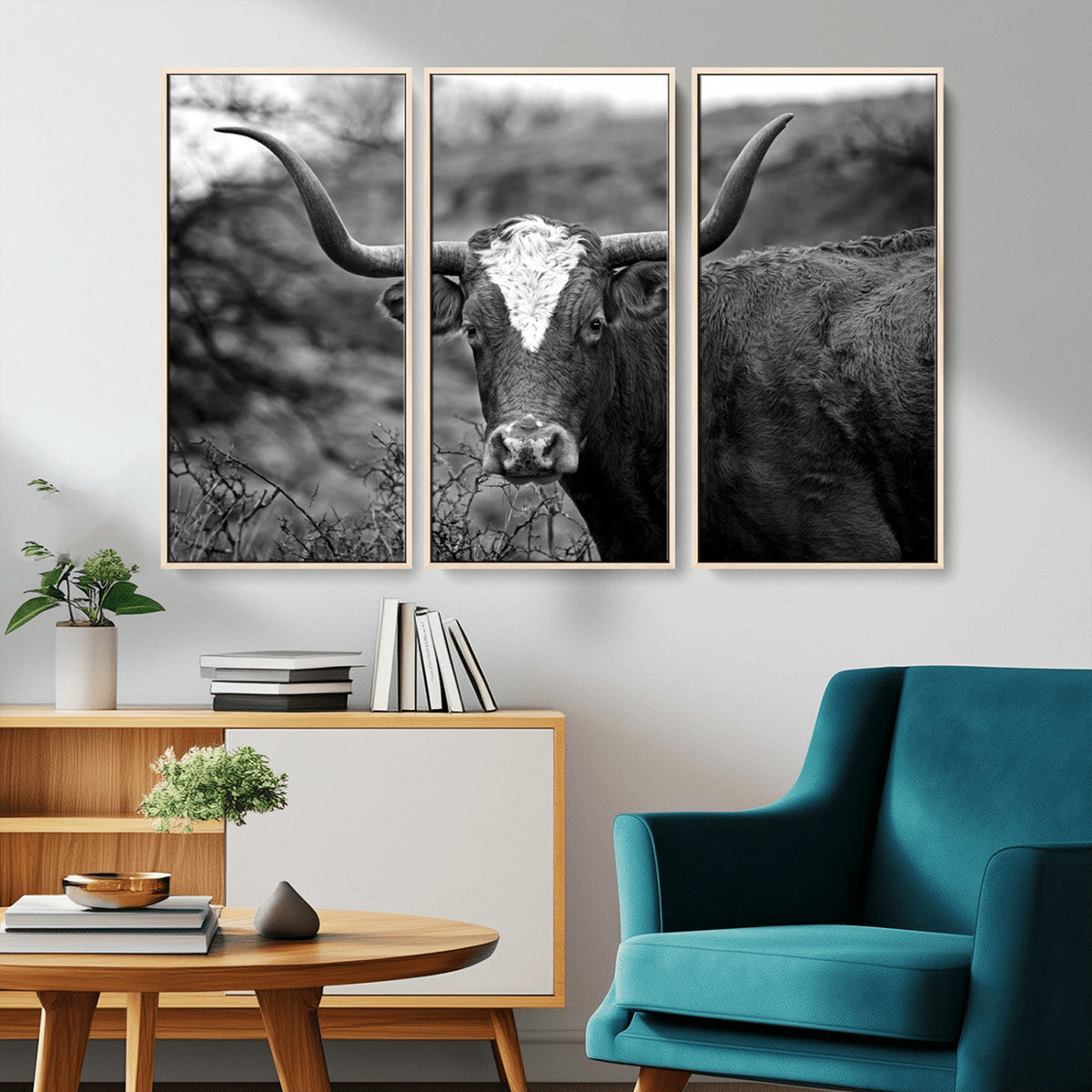 Western Home Wall Art Canvas Print, Framed Texas Longhorn