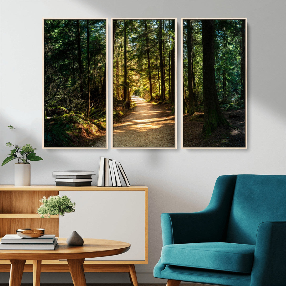 Sunlit Forest Pathway Canvas Print | 3 Panel Large Nature
