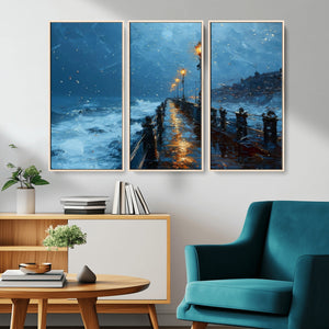 Stormy Night at Beach Pier Oil Painting Large Wall Art