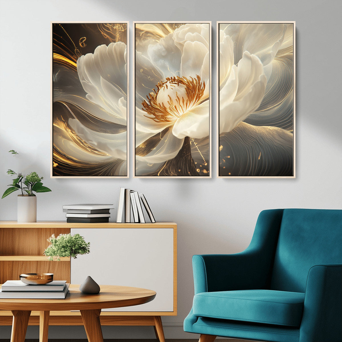 Gold Floral Wall Art Canvas Print, Framed Modern Flower Art