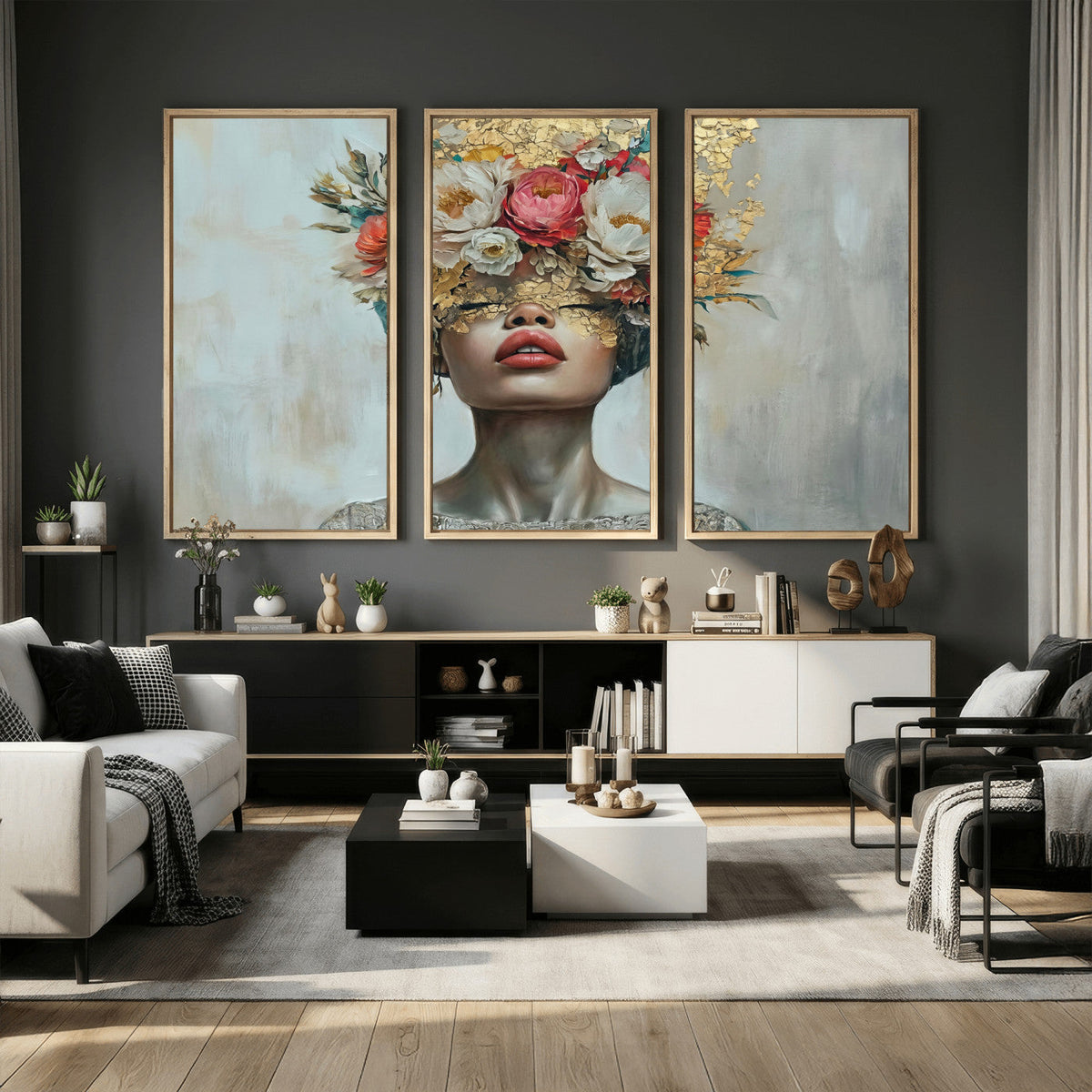 Golden Petal Wall Art Canvas Print - Silhouette Woman Wall