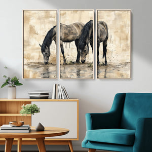 Chinese Style Abstract Black Horses Wall Art Canvas Print -