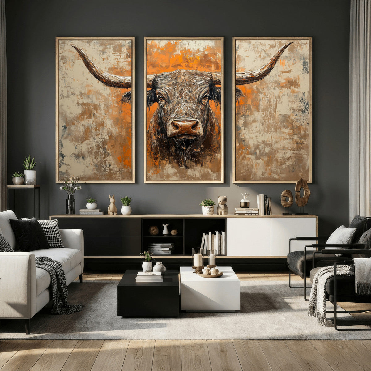 Abstract Cow Longhorn Bull Wall Art Canvas Print - Rustic