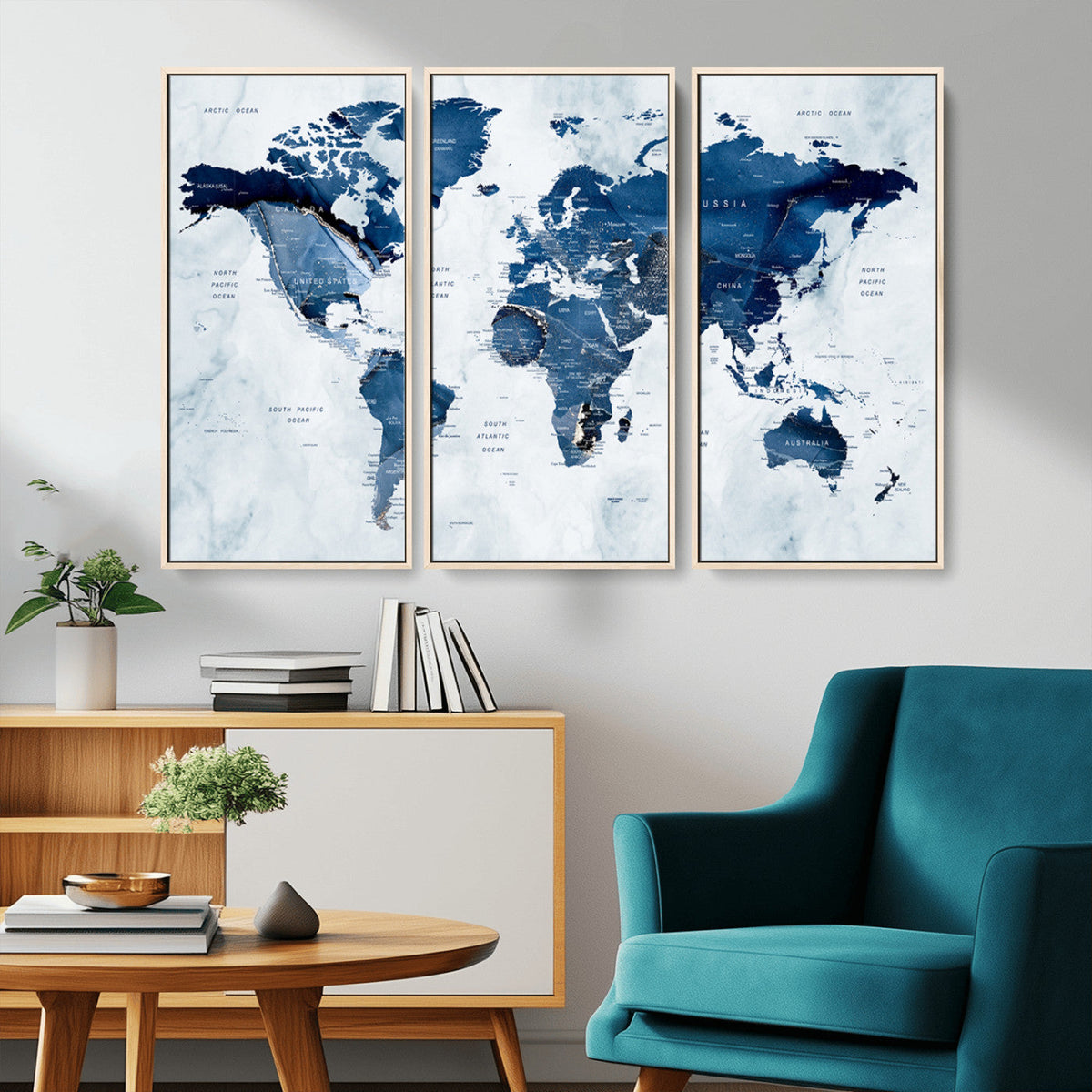 Modern Blue World Map Canvas Print – Framed Wall Art,