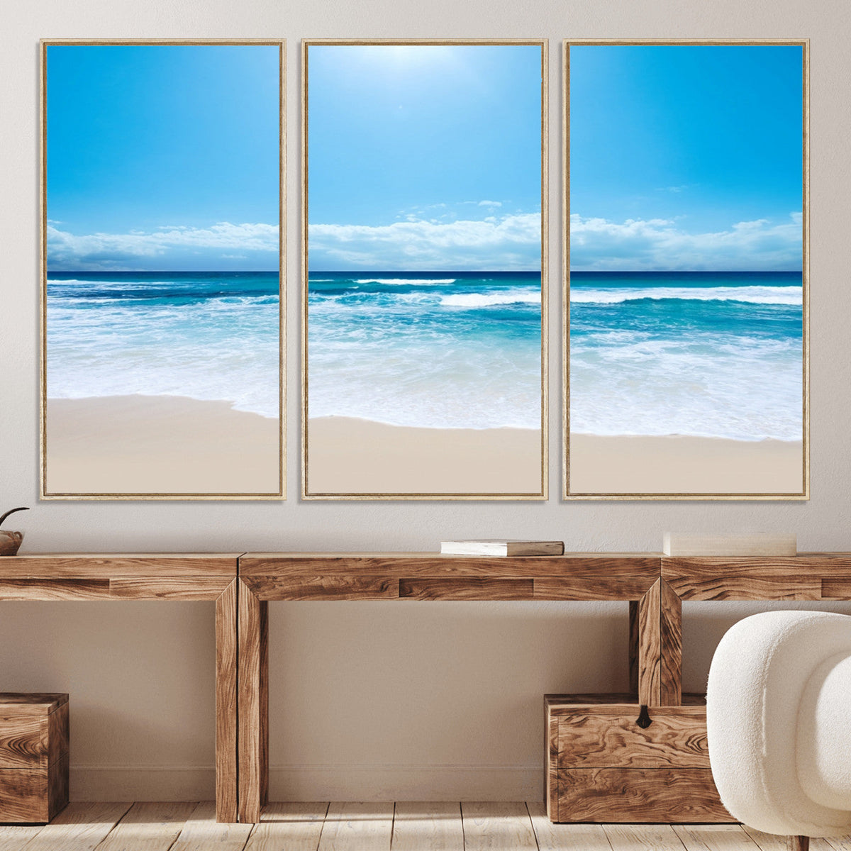 Wall Art Canvas Print Shiny Blue Sea and Beach