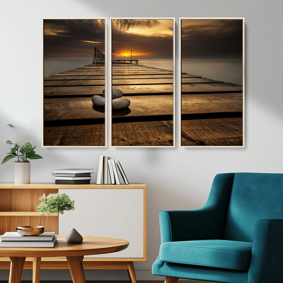 Stones on Wooden Pier at Sunset Canvas Print, Serene Coastal