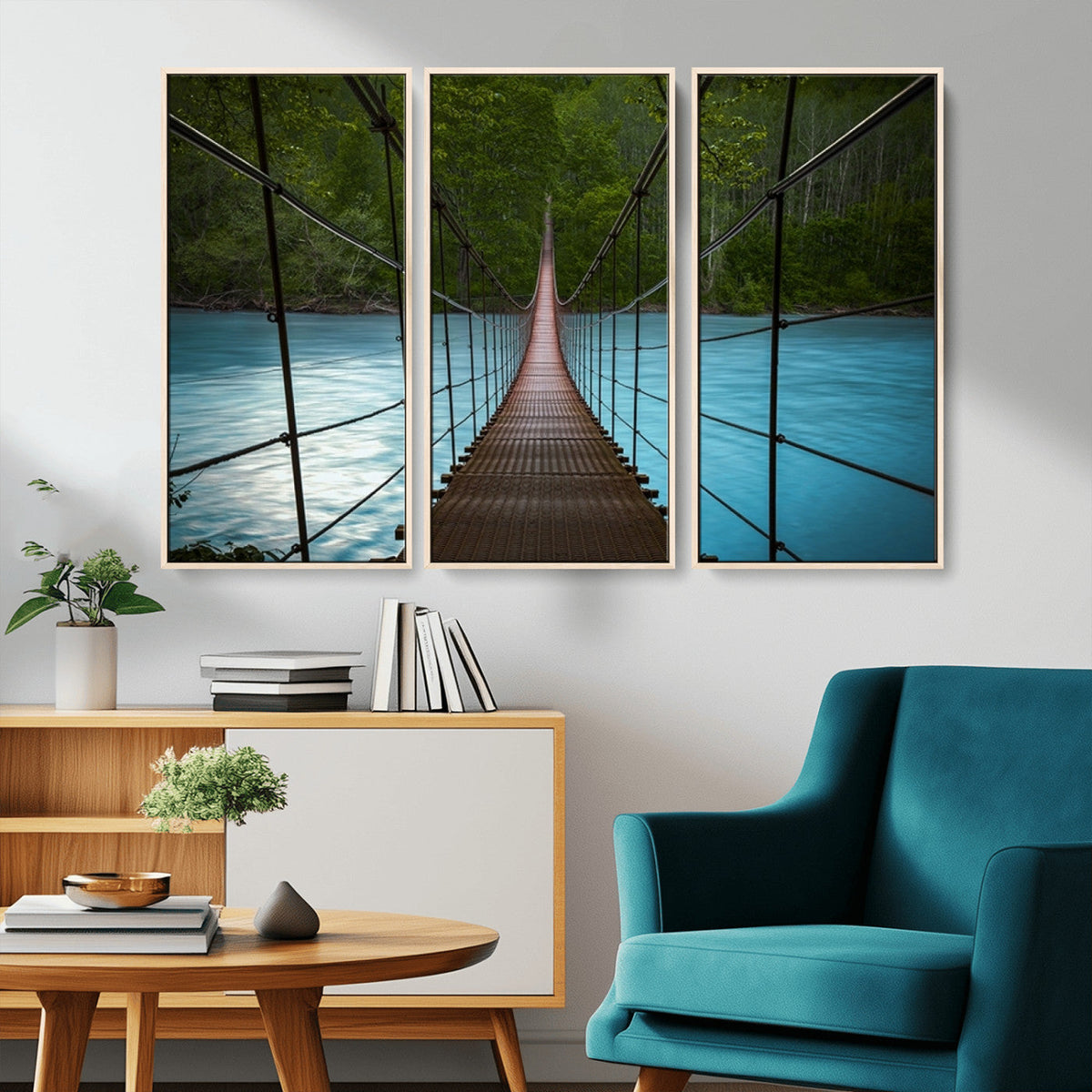 Suspension Bridge Over River Canvas Art | 3-Panel Nature