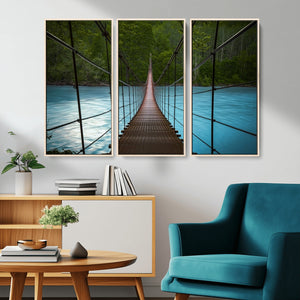 Suspension Bridge Over River Canvas Art | 3-Panel Nature