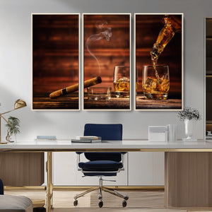 Whiskey and Cigar Wall Art Canvas | 3 Panel Bar Room Decor