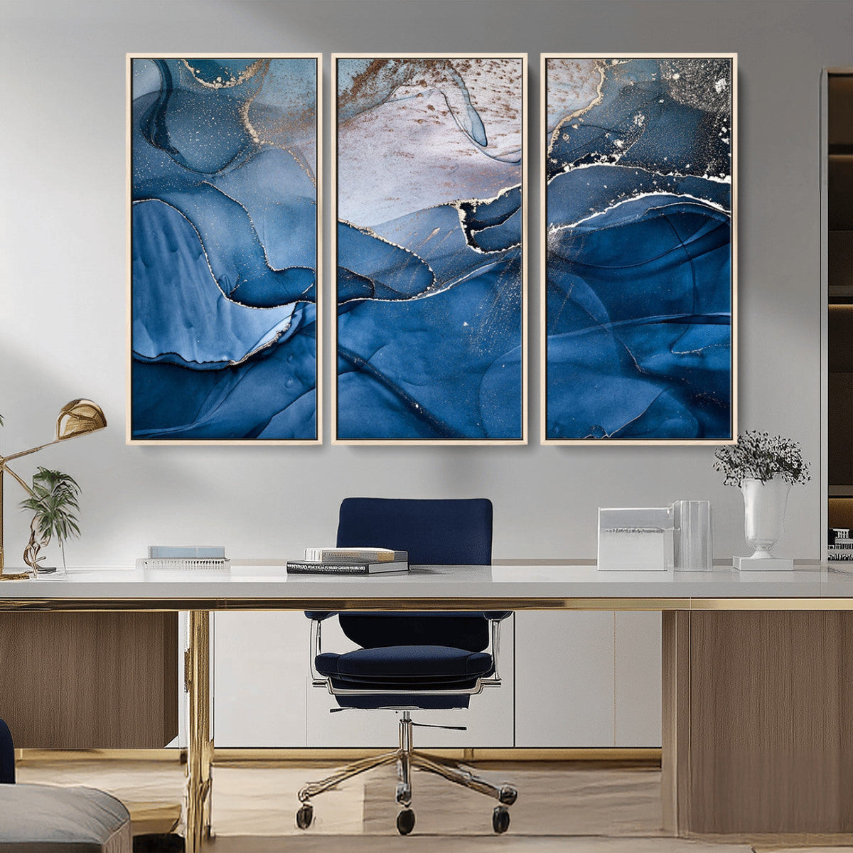 Navy Blue Canvas Art Abstract Print – Elegant Triptych