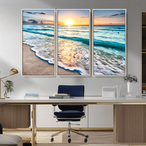 Sunset Beach Waves Canvas Wall Art – 5-Panel Ocean Sunset