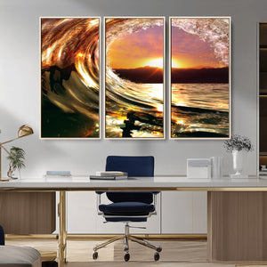 Golden Wave Sunset Triptych Canvas Art, Giclee Canvas Print