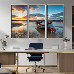 Small Boat At The Beach Sunset Wall Art, Boat Sunset Wall