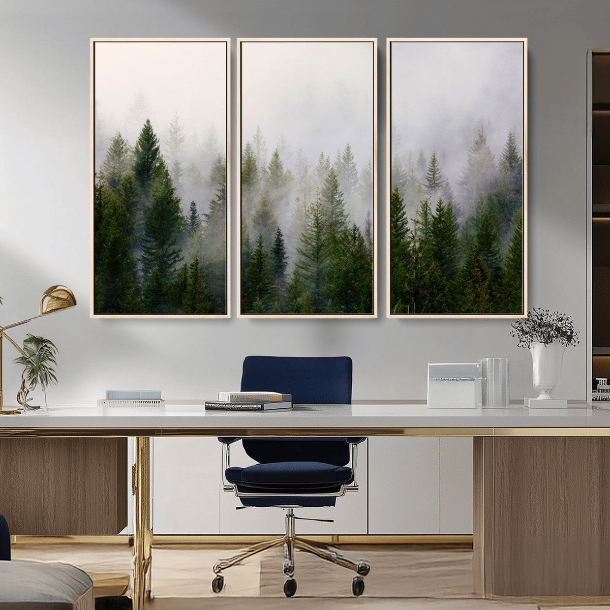 Misty Pine Forest Wall Art Canvas Print | 3 Panel Green