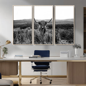 Black and White Highland Cow Canvas Wall Art, Longhorn