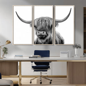 Grayscale Scottish Highland Cow Cattle Art Print Farmhouse