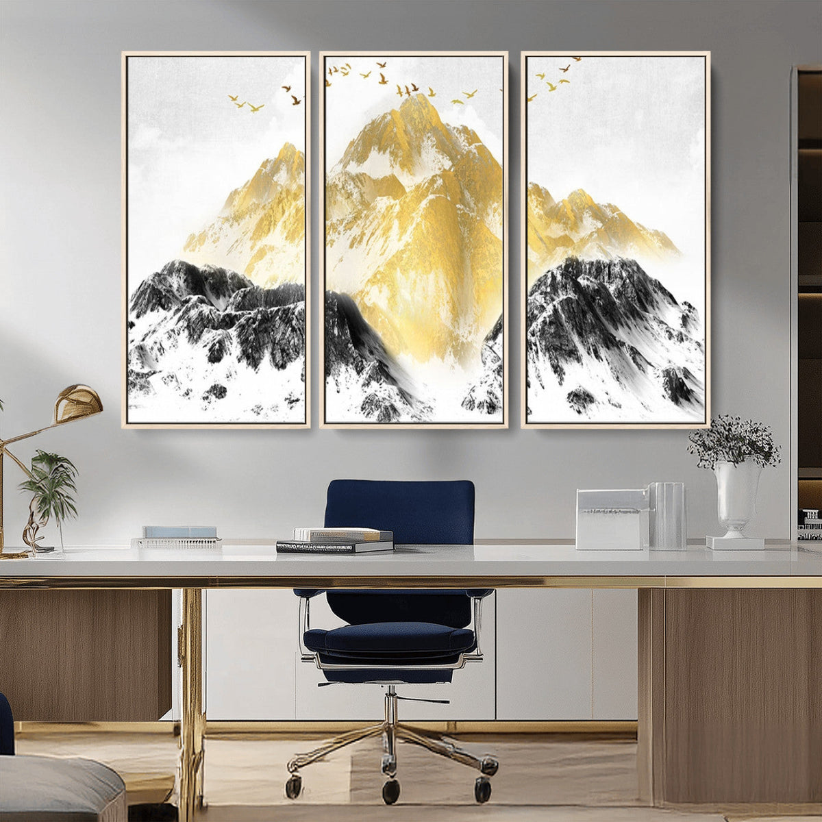 Golden Mountain Triptych Wall Art Canvas Print, Modern
