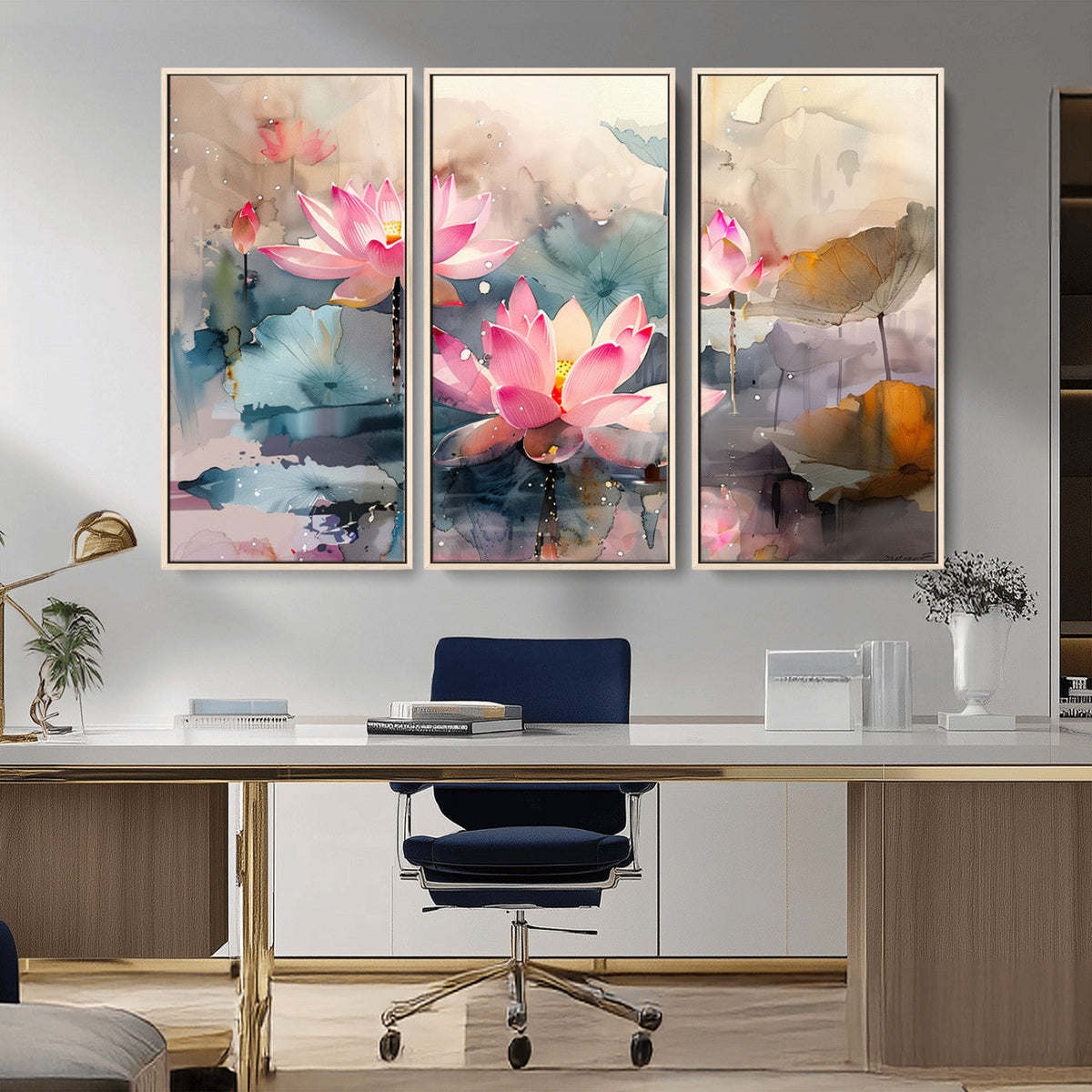 Lotus Flower Wall Art | 3-Panel Giclee Canvas Print of Pink