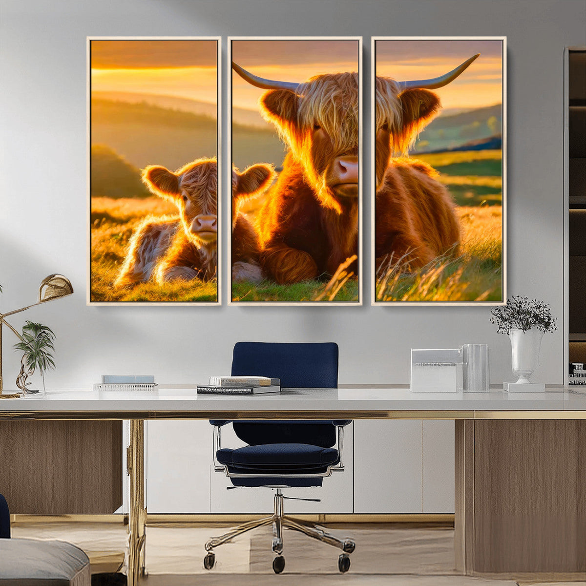 Scottish Cow and Baby Cow Canvas Wall Art Animal Print