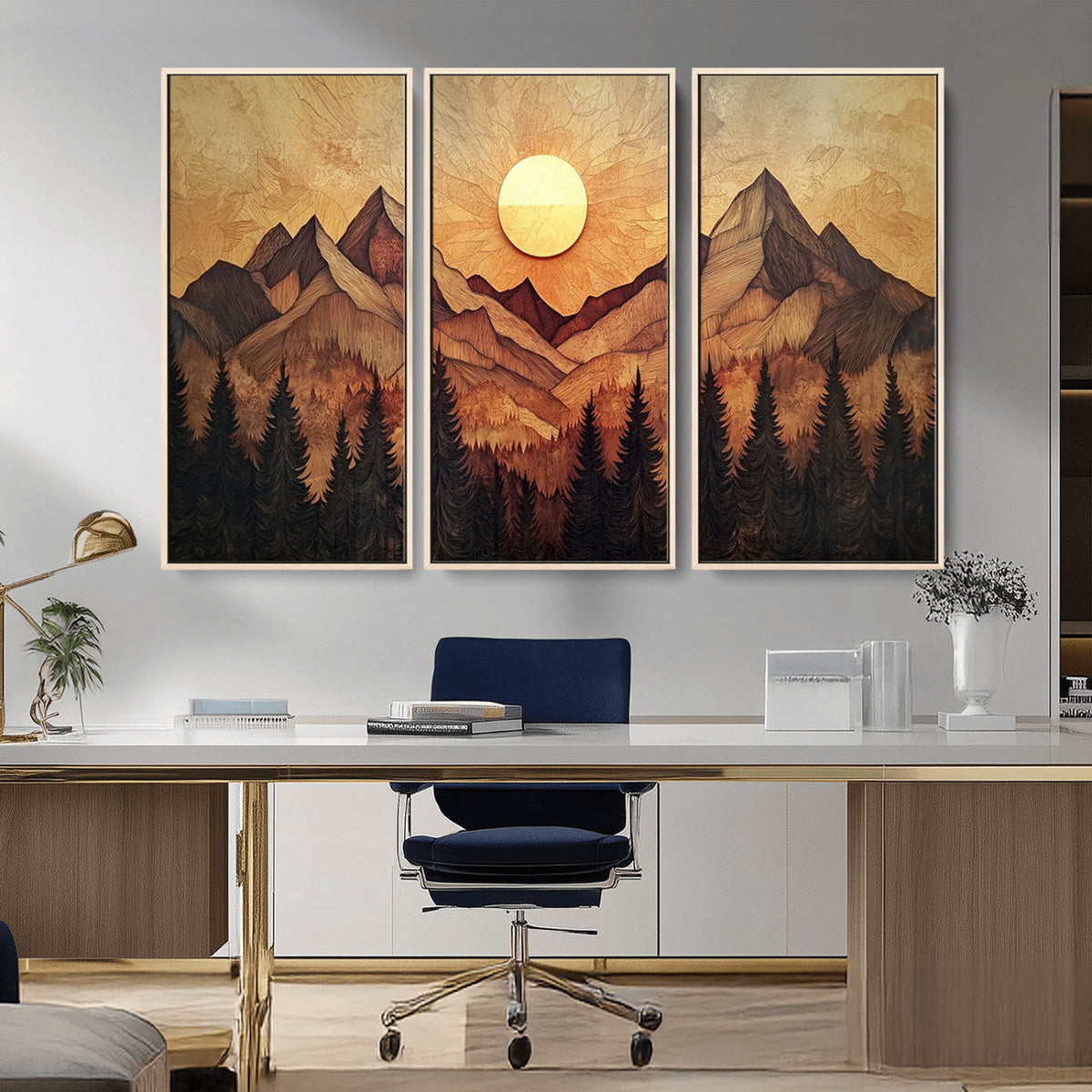 Wood Style Abstract Mountain Sunset Canvas Wall Art Print -