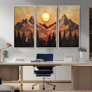 Wood Style Abstract Mountain Sunset Canvas Wall Art Print -