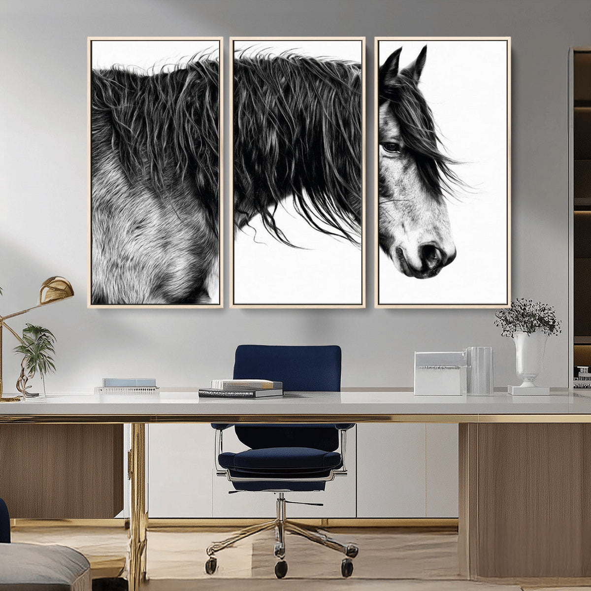 Majestic Horse Wall Art – Framed Black White Portrait Canvas