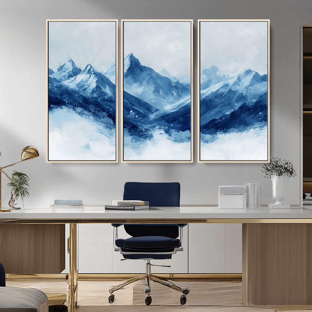 Blue Mountains Wall Art – Framed Snowy Range Canvas Artwork,
