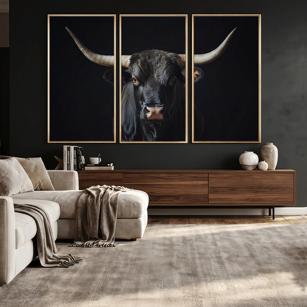 Majestic Longhorn Bull Wall Art Canvas Print – Dark