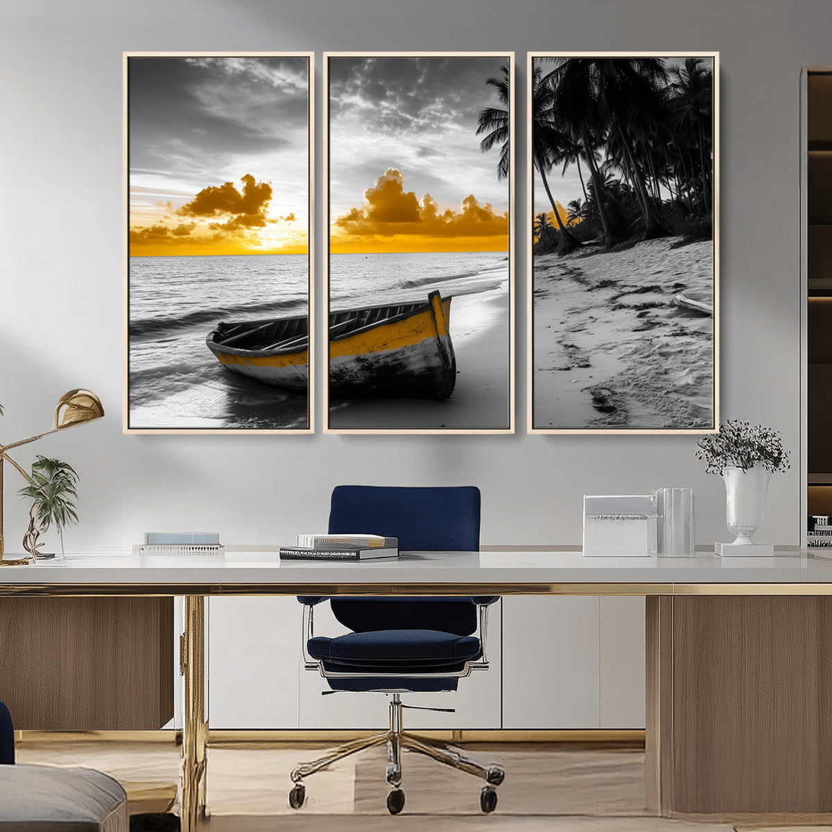 Yellow Rowboat Wall Art – Framed Tropical Shoreline Canvas