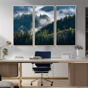 Misty Forest Wall Art Canvas Print, Serene Pine Hills and