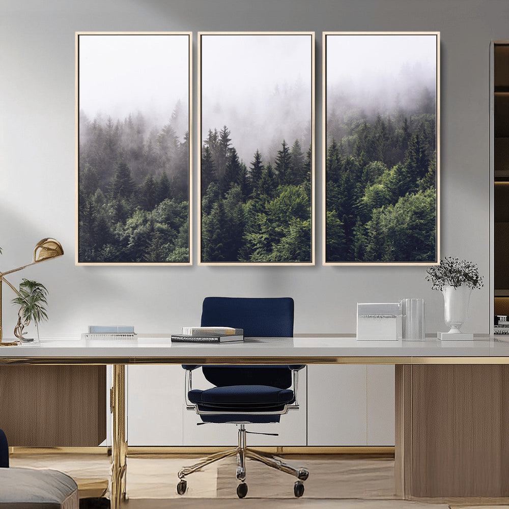 Misty Forest Wall Art Canvas Print, Serene Foggy Pines and