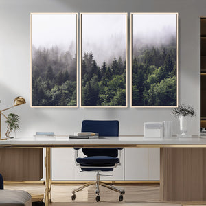 Misty Forest Wall Art Canvas Print, Serene Foggy Pines and