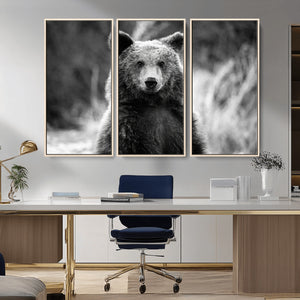 Grizzly Bear Wall Art Canvas Print – Framed Black White