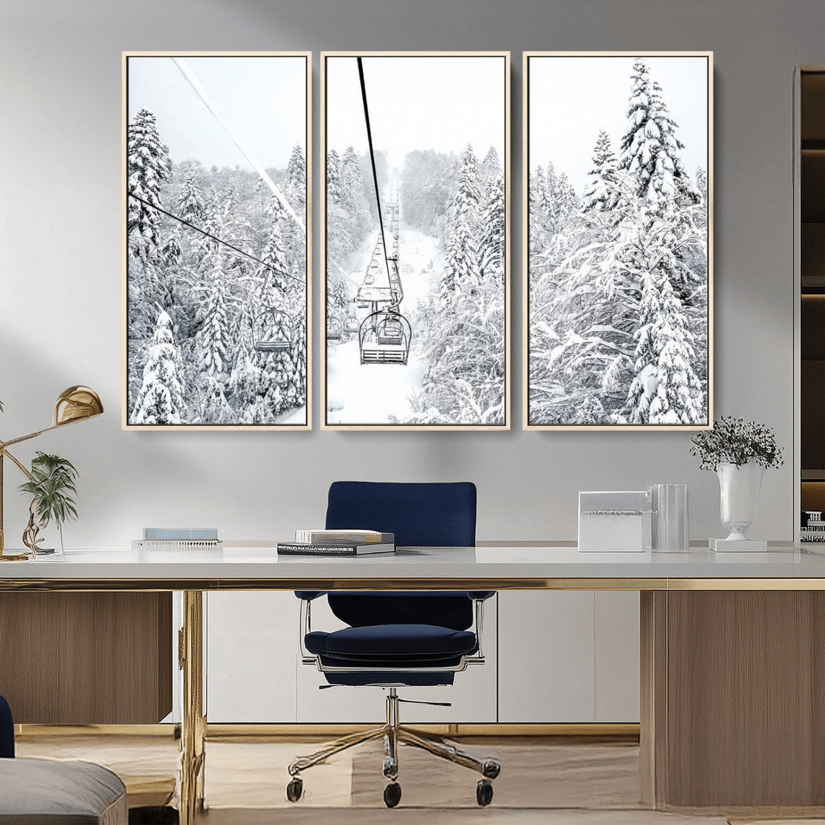 Snowy Ski Lift Wall Art – Framed Winter Mountain Canvas