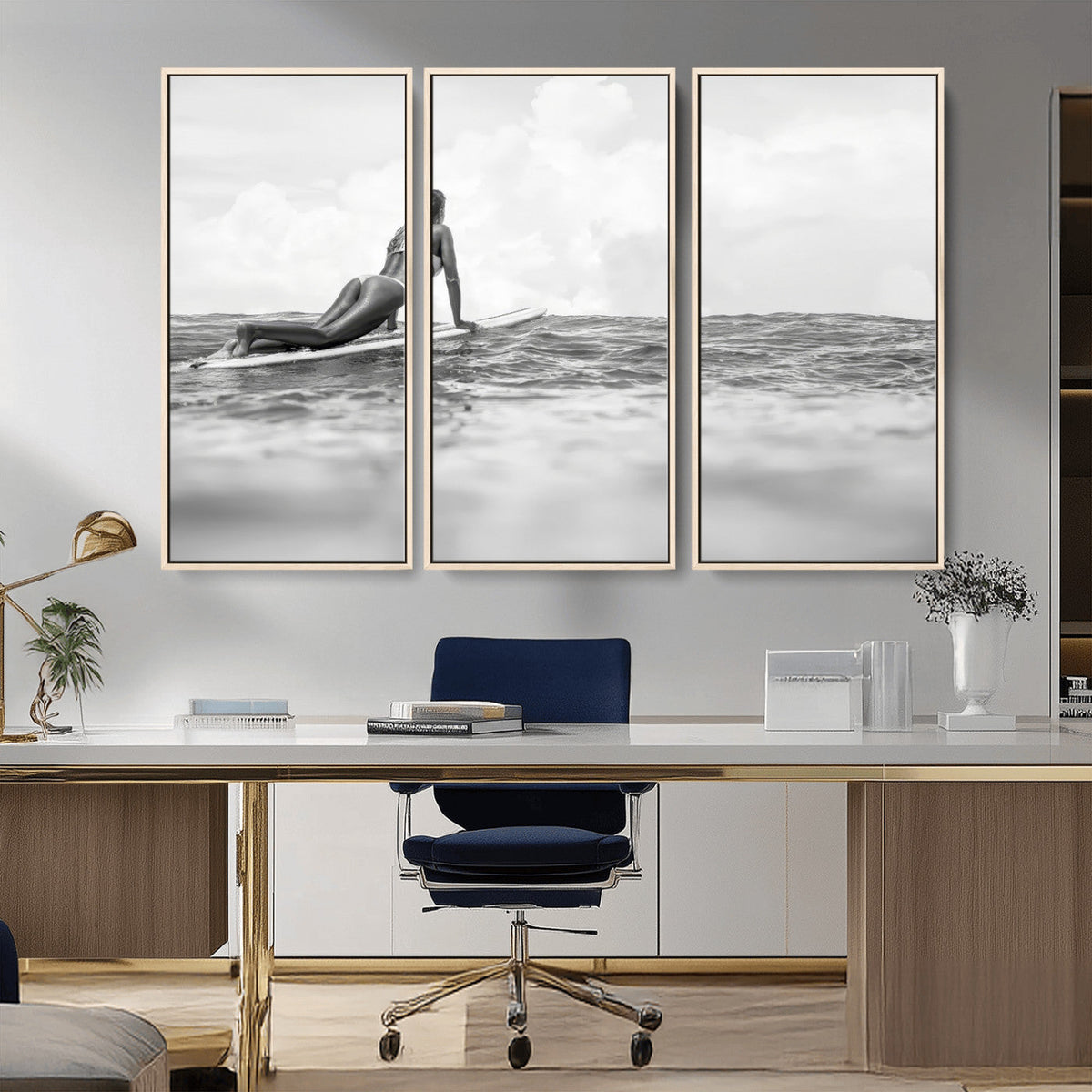 Black and White Surfing Wall Art Canvas Print – Framed Ocean
