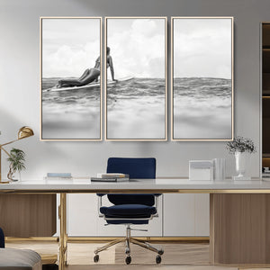 Black and White Surfing Wall Art Canvas Print – Framed Ocean